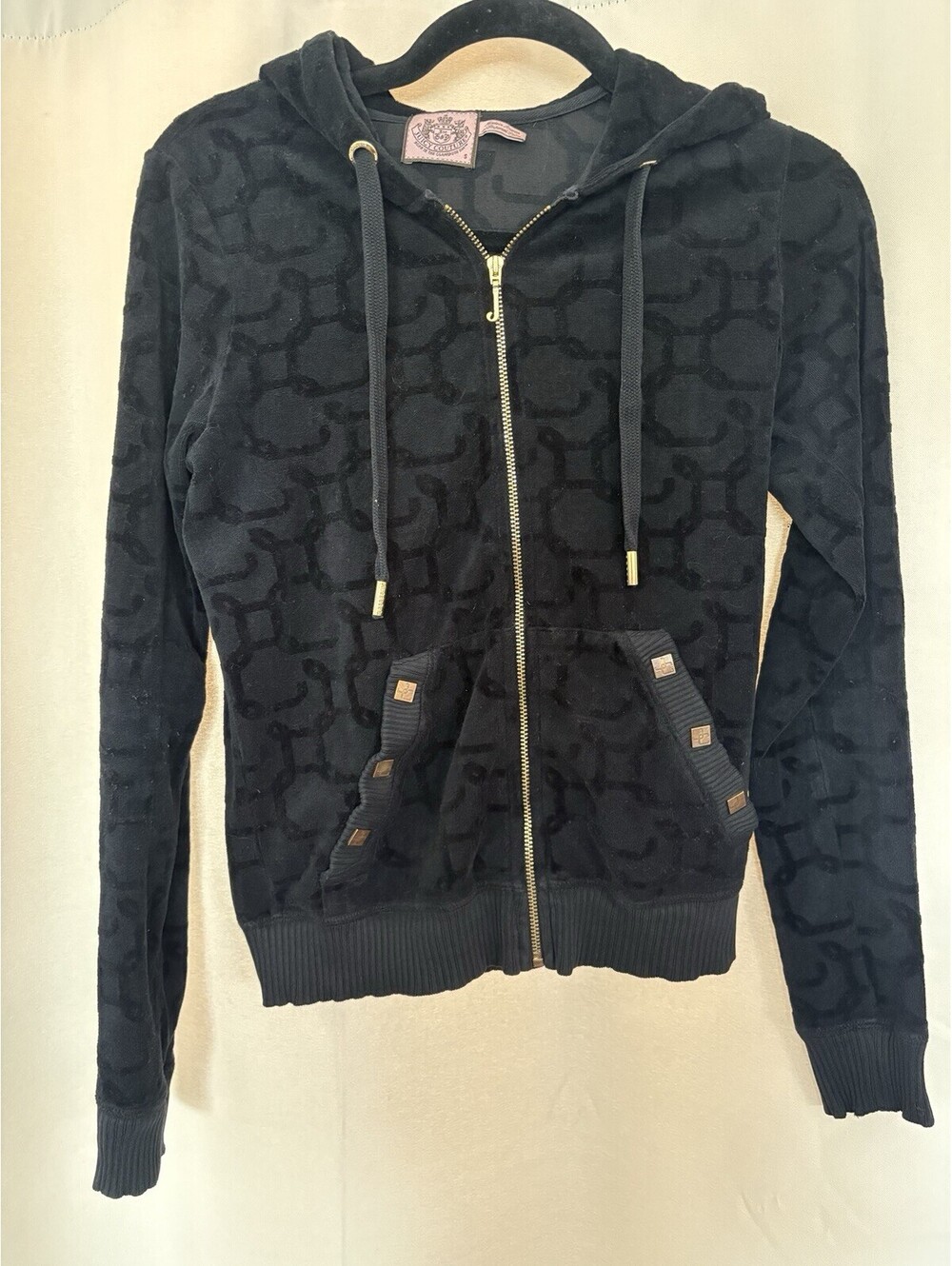 Juicy Couture Black Velour Flocked Zip Up Hoodie Women’s Small Y2K